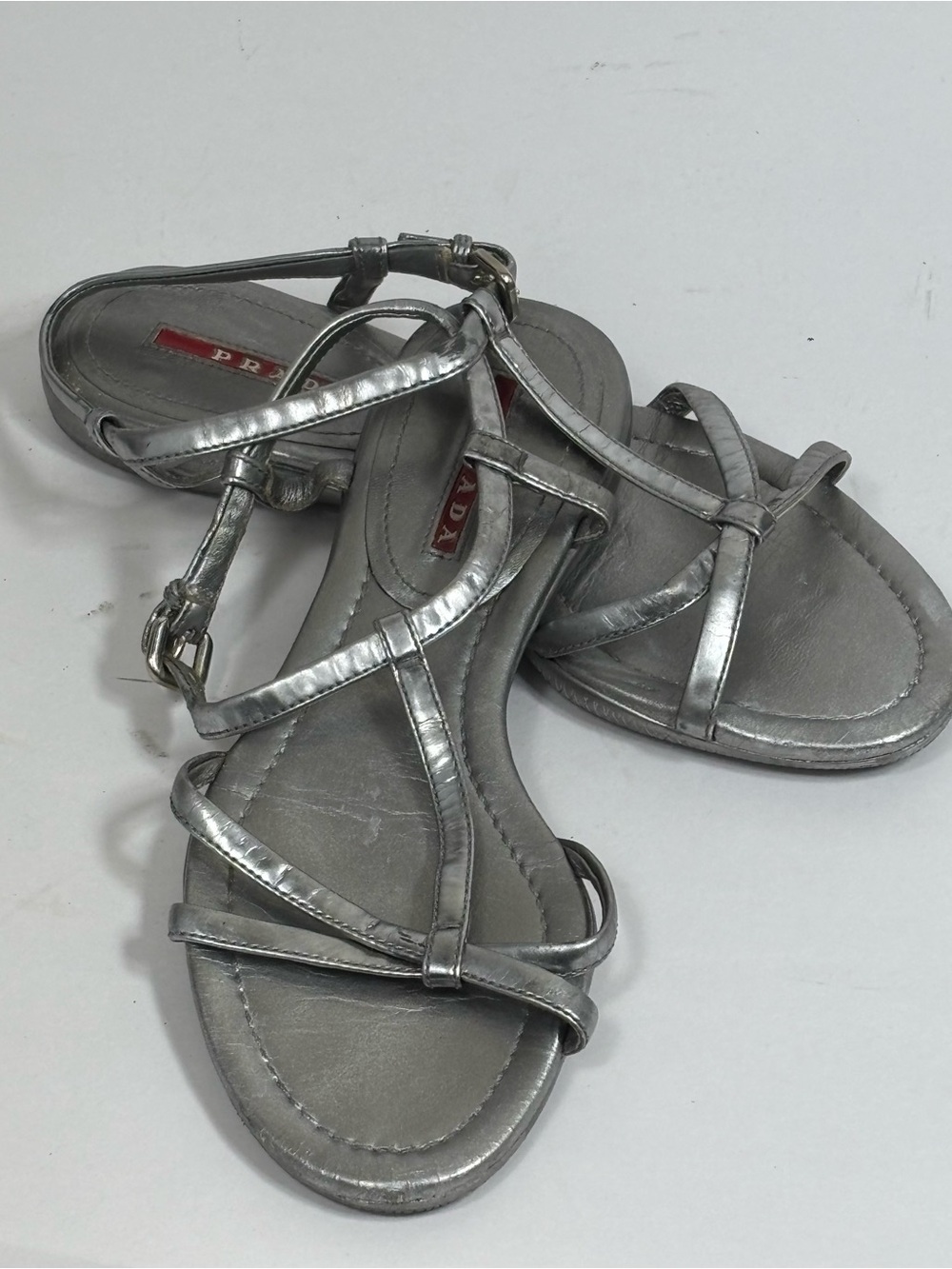 Prada Silver Strappy Leather Sandals